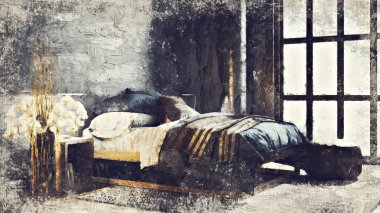 Renkli duvarları, geniş pencereleri ve şık mobilyaları olan modern, güzel bir oda. Görüntü bir yağlı boya tablo gibi stilize edilmiştir. Parlak ve şık bir tasarım. 3B görüntüleme