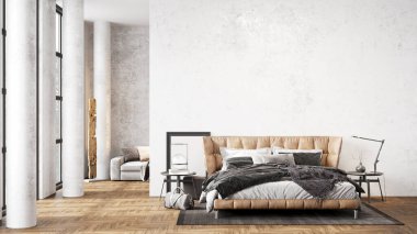 Sütunları, beyaz duvarları, geniş pencereleri, yüksek tavanı ve şık mobilyaları olan modern, güzel bir iç mekan. Parlak çatı katı tasarımı. 3B görüntüleme