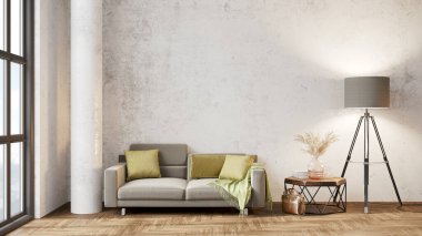 Sütunları, beyaz duvarları, geniş pencereleri, yüksek tavanı ve şık mobilyaları olan modern, güzel bir iç mekan. Parlak çatı katı tasarımı. 3B görüntüleme