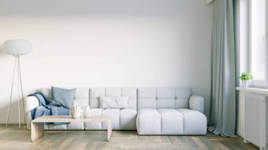 Modern bir odanın güzel iç mekanı. Parlak ve temiz tasarım. Büyük bir pencerenin yanında duran bir kanepe. 3B görüntüleme
