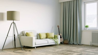 Modern bir odanın güzel iç mekanı. Parlak ve temiz tasarım. Büyük bir pencerenin yanında duran bir kanepe. 3B görüntüleme