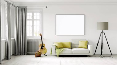 Boş bir tablosu olan modern bir oda. Kanepe, geniş pencere, ahşap zemin ve duvar. Temiz iç tasarım çizgileri. 3B görüntüleme