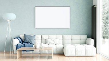 Boş bir tablosu olan modern bir oda. Kanepe, geniş pencere, ahşap zemin ve duvar. Temiz iç tasarım çizgileri. 3B görüntüleme