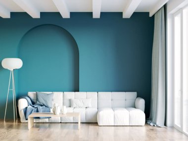 Işık duvarları, geniş pencereleri ve şık mobilyaları olan modern, güzel bir oda. İskandinav tarzında parlak bir tasarım. 3B görüntüleme