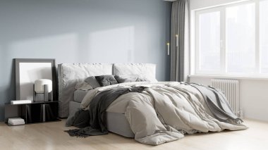 Işık duvarları, geniş pencereleri ve şık mobilyaları olan modern, güzel bir oda. İskandinav tarzında parlak bir tasarım. 3B görüntüleme