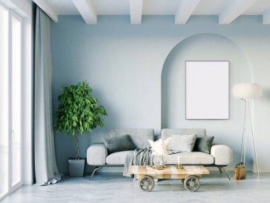 Işık duvarları, geniş pencereleri ve şık mobilyaları olan modern, güzel bir oda. İskandinav tarzında parlak bir tasarım. 3B görüntüleme