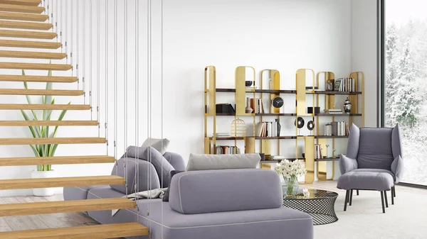 Modern bir oturma odası, merdiveni olan bir oda, ahşap zemin ve büyük bir pencere. 3B görüntüleme — Stok fotoğraf