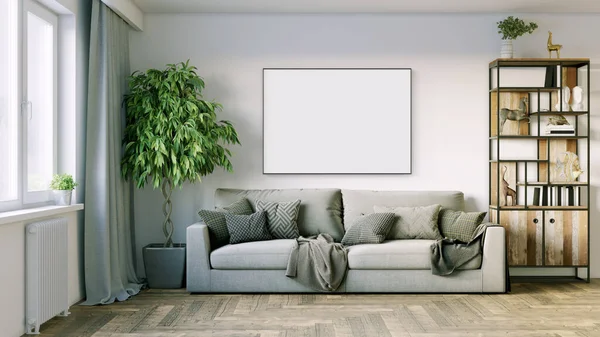 Intérieur moderne d'une pièce avec une peinture vide. Canapé et grande fenêtre, parquet et mur. Lignes épurées de design d'intérieur. rendu 3D — Photo