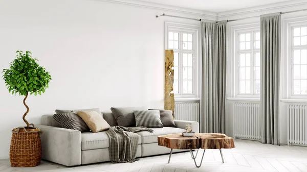 Hermoso interior de una habitación moderna. Diseño brillante y limpio. Un sofá junto a una gran ventana sobre un fondo de pared. Renderizado 3D —  Fotos de Stock