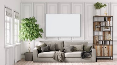 Boş bir tablosu olan modern bir oda. Kanepe, geniş pencere, ahşap zemin ve duvar. Temiz iç tasarım çizgileri. 3B görüntüleme