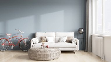 Işık duvarları, geniş pencereleri ve şık mobilyaları olan modern, güzel bir oda. İskandinav tarzında parlak bir tasarım. 3B görüntüleme