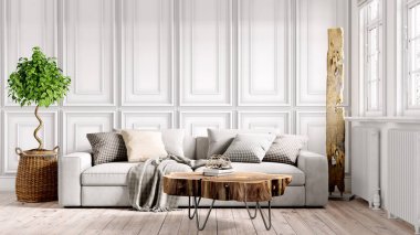 Modern bir odanın güzel iç mekanı. Parlak ve temiz tasarım. Büyük bir pencerenin yanında duran bir kanepe. 3B görüntüleme