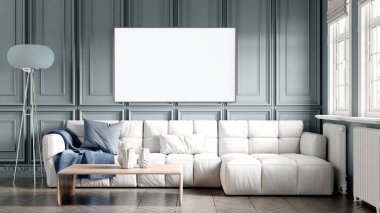 Boş bir tablosu olan modern bir oda. Kanepe, geniş pencere, ahşap zemin ve duvar. Temiz iç tasarım çizgileri. 3B görüntüleme