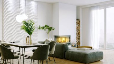 Işık duvarları, geniş pencereleri ve şık mobilyaları olan modern, güzel bir oda. İskandinav tarzında parlak bir tasarım. 3B görüntüleme