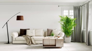 Modern bir odanın güzel iç mekanı. Parlak ve temiz tasarım. Büyük bir pencerenin yanında duran bir kanepe. 3B görüntüleme