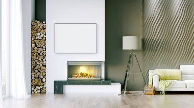 Işık duvarları, geniş pencereleri ve şık mobilyaları olan modern, güzel bir oda. İskandinav tarzında parlak bir tasarım. 3B görüntüleme