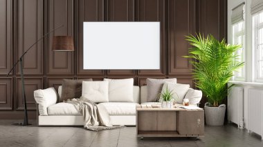 Boş bir tablosu olan modern bir oda. Kanepe, geniş pencere, ahşap zemin ve duvar. Temiz iç tasarım çizgileri. 3B görüntüleme