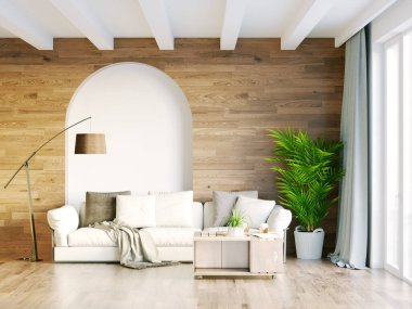 Işık duvarları, geniş pencereleri ve şık mobilyaları olan modern, güzel bir oda. İskandinav tarzında parlak bir tasarım. 3B görüntüleme