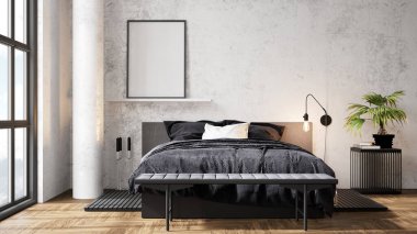 Sütunları, beyaz duvarları, geniş pencereleri, yüksek tavanı ve şık mobilyaları olan modern, güzel bir iç mekan. Parlak çatı katı tasarımı. 3B görüntüleme