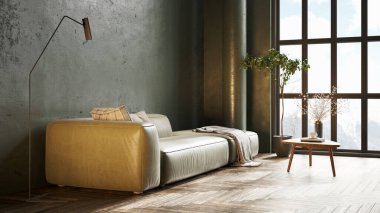 Sütunları, renkli duvarları ve şık mobilyaları olan modern, güzel bir iç mekan. Parlak çatı katı tasarımı. 3B görüntüleme