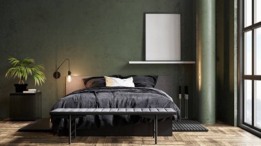 Sütunları, renkli duvarları ve şık mobilyaları olan modern, güzel bir iç mekan. Parlak çatı katı tasarımı. 3B görüntüleme