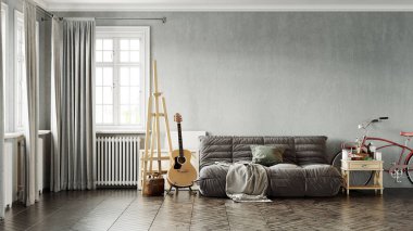 Modern bir odanın güzel iç mekanı. Parlak ve temiz tasarım. Büyük bir pencerenin yanında duran bir kanepe. 3B görüntüleme