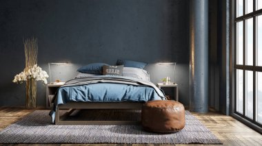 Sütunları, renkli duvarları ve şık mobilyaları olan modern, güzel bir iç mekan. Parlak çatı katı tasarımı. 3B görüntüleme