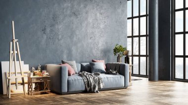 Sütunları, renkli duvarları ve şık mobilyaları olan modern, güzel bir iç mekan. Parlak çatı katı tasarımı. 3B görüntüleme