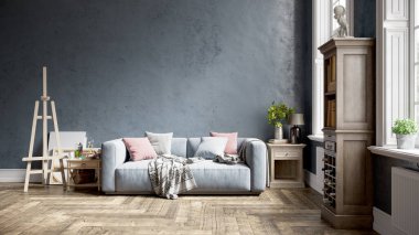 Renkli duvarları, geniş pencereleri ve şık mobilyaları olan modern, güzel bir oda. Parlak ve şık bir tasarım. 3B görüntüleme