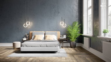 Renkli duvarları, geniş pencereleri ve şık mobilyaları olan modern, güzel bir oda. Parlak ve şık bir tasarım. 3B görüntüleme