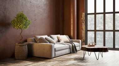 Sütunları, renkli duvarları ve şık mobilyaları olan modern, güzel bir iç mekan. Parlak çatı katı tasarımı. 3B görüntüleme