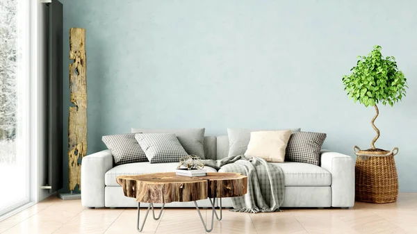 Modern elegant inredning i vardagsrummet, ett rum med trägolv och ett stort fönster. 3D-rendering — Stockfoto