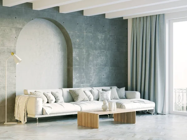 Moderne bel intérieur de la chambre avec des murs clairs, de grandes fenêtres et des meubles élégants. Design lumineux dans un style scandinave. rendu 3D — Photo