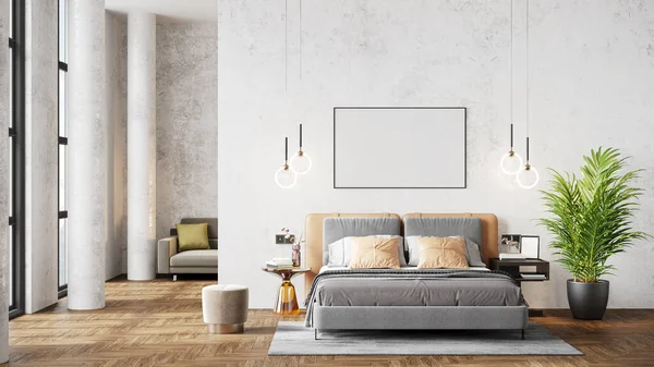 Modern vacker interiör med pelare, vit vägg, stora fönster, högt i tak och eleganta möbler. Ljus loftdesign. 3D-rendering — Stockfoto