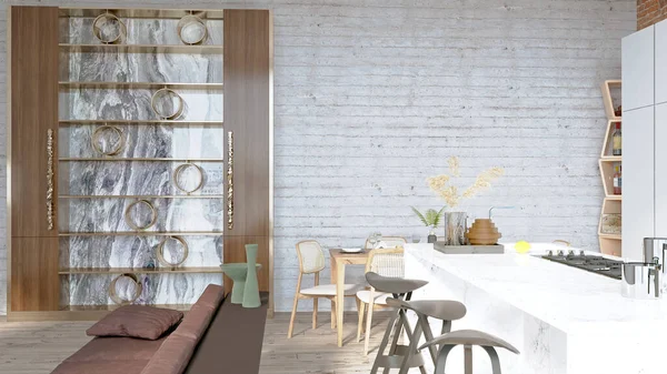 Modern stil mutfak, ahşap döşemeli oda, masa ve kanepe. 3B görüntüleme