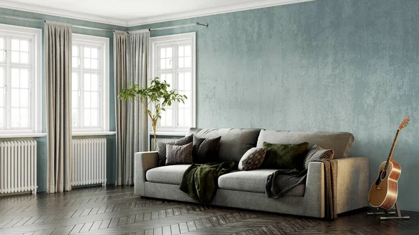 Wunderschönes Interieur eines modernen Zimmers. Helles und sauberes Design. Ein Sofa, das an einem großen Fenster vor einem Wandhintergrund steht. 3D-Rendering — Stockfoto