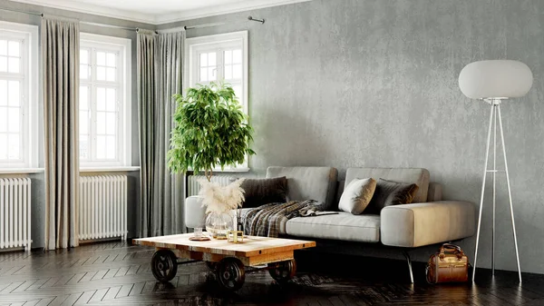 Modern bir odanın güzel iç mekanı. Parlak ve temiz tasarım. Büyük bir pencerenin yanında duran bir kanepe. 3B görüntüleme