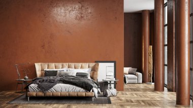 Sütunları, renkli duvarları ve şık mobilyaları olan modern, güzel bir iç mekan. Parlak çatı katı tasarımı. 3B görüntüleme