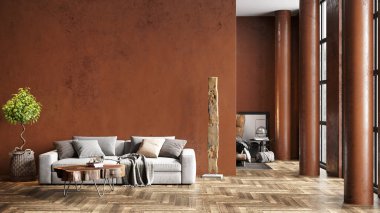 Sütunları, renkli duvarları ve şık mobilyaları olan modern, güzel bir iç mekan. Parlak çatı katı tasarımı. 3B görüntüleme