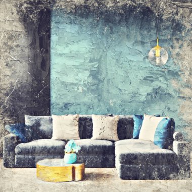 Renkli duvarları, geniş pencereleri ve şık mobilyaları olan modern, güzel bir oda. Görüntü bir yağlı boya tablo gibi stilize edilmiştir. Parlak ve şık bir tasarım. 3B görüntüleme