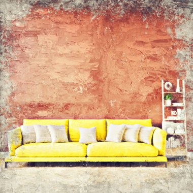 Renkli duvarları, geniş pencereleri ve şık mobilyaları olan modern, güzel bir oda. Görüntü bir yağlı boya tablo gibi stilize edilmiştir. Parlak ve şık bir tasarım. 3B görüntüleme