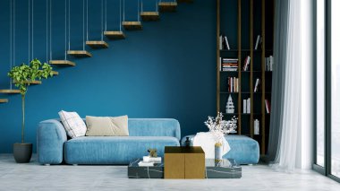 Işık duvarları, geniş pencereleri ve şık mobilyaları olan modern, güzel bir oda. İskandinav tarzında parlak bir tasarım. 3B görüntüleme