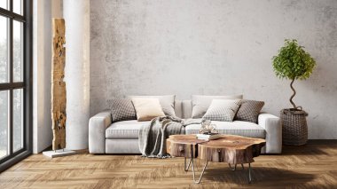 Sütunları, beyaz duvarları, geniş pencereleri, yüksek tavanı ve şık mobilyaları olan modern, güzel bir iç mekan. Parlak çatı katı tasarımı. 3B görüntüleme