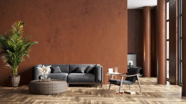 Sütunları, renkli duvarları ve şık mobilyaları olan modern, güzel bir iç mekan. Parlak çatı katı tasarımı. 3B görüntüleme