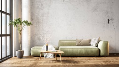 Sütunları, beyaz duvarları, geniş pencereleri, yüksek tavanı ve şık mobilyaları olan modern, güzel bir iç mekan. Parlak çatı katı tasarımı. 3B görüntüleme