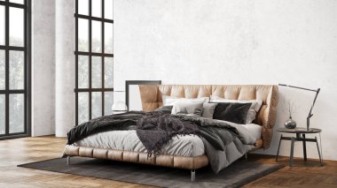 Sütunları, beyaz duvarları, geniş pencereleri, yüksek tavanı ve şık mobilyaları olan modern, güzel bir iç mekan. Parlak çatı katı tasarımı. 3B görüntüleme