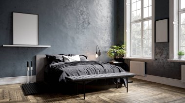 Renkli duvarları, geniş pencereleri ve şık mobilyaları olan modern, güzel bir oda. Parlak ve şık bir tasarım. 3B görüntüleme