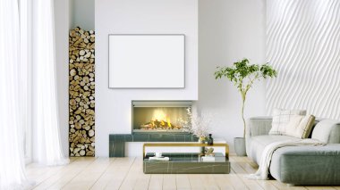 Işık duvarları, geniş pencereleri ve şık mobilyaları olan modern, güzel bir oda. İskandinav tarzında parlak bir tasarım. 3B görüntüleme