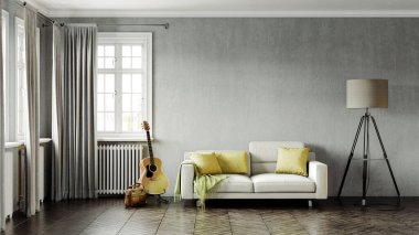 Modern bir odanın güzel iç mekanı. Parlak ve temiz tasarım. Büyük bir pencerenin yanında duran bir kanepe. 3B görüntüleme