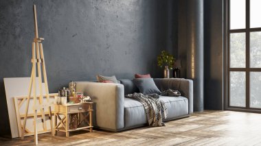 Sütunları, renkli duvarları ve şık mobilyaları olan modern, güzel bir iç mekan. Parlak çatı katı tasarımı. 3B görüntüleme